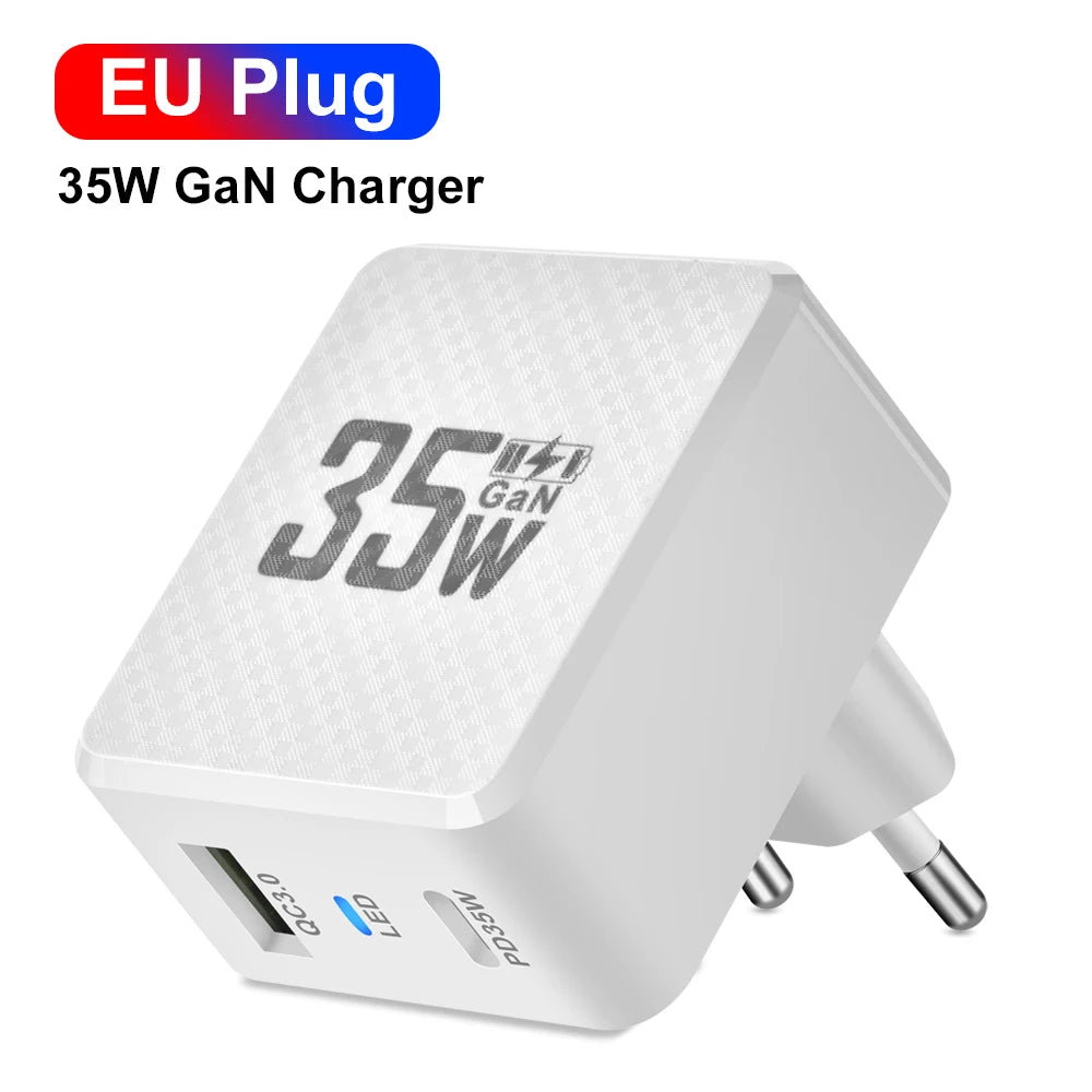 35W GaN USB Type C Charger Phone Fast Charging QC3.0 PD3.0 Charge Adaper For iPhone 15 Xiaomi Poco Laptop Charger EU/US/KR Plug