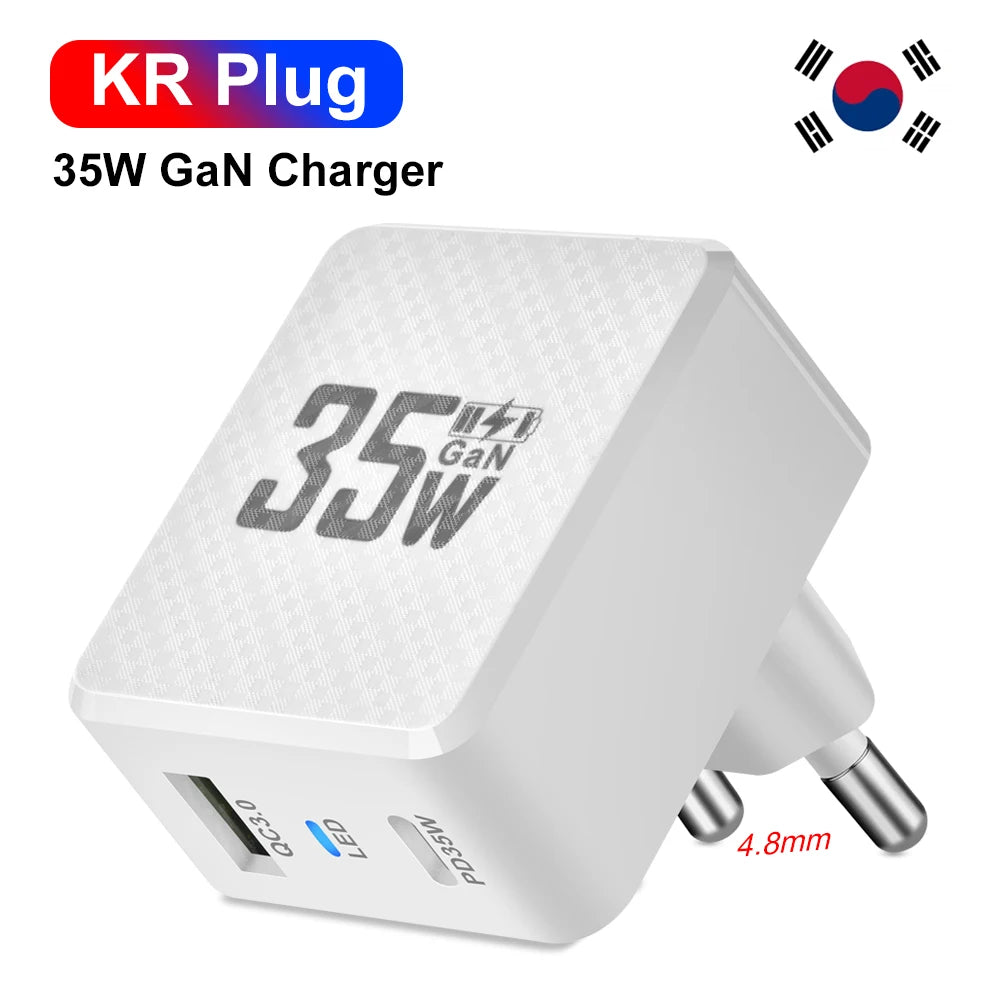 35W GaN USB Type C Charger Phone Fast Charging QC3.0 PD3.0 Charge Adaper For iPhone 15 Xiaomi Poco Laptop Charger EU/US/KR Plug