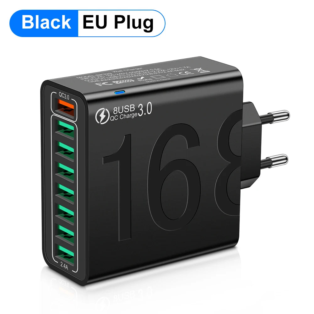 Total 150W 8 Ports USB Charger Fast Charging Phone Charger Adapter For iPhone Samsung Xiaomi 14 15 Quick Charge 3.0 Wall Charger