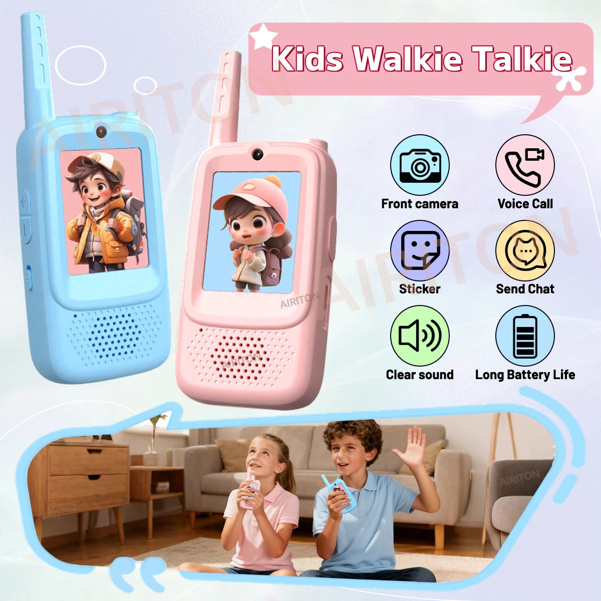 2PCS AIRITON JK300 Children's Video Walkie Talkies Selfie Send Voice Photo Emoticons  For Kids Gift Boys Girls JK200 New upgrade