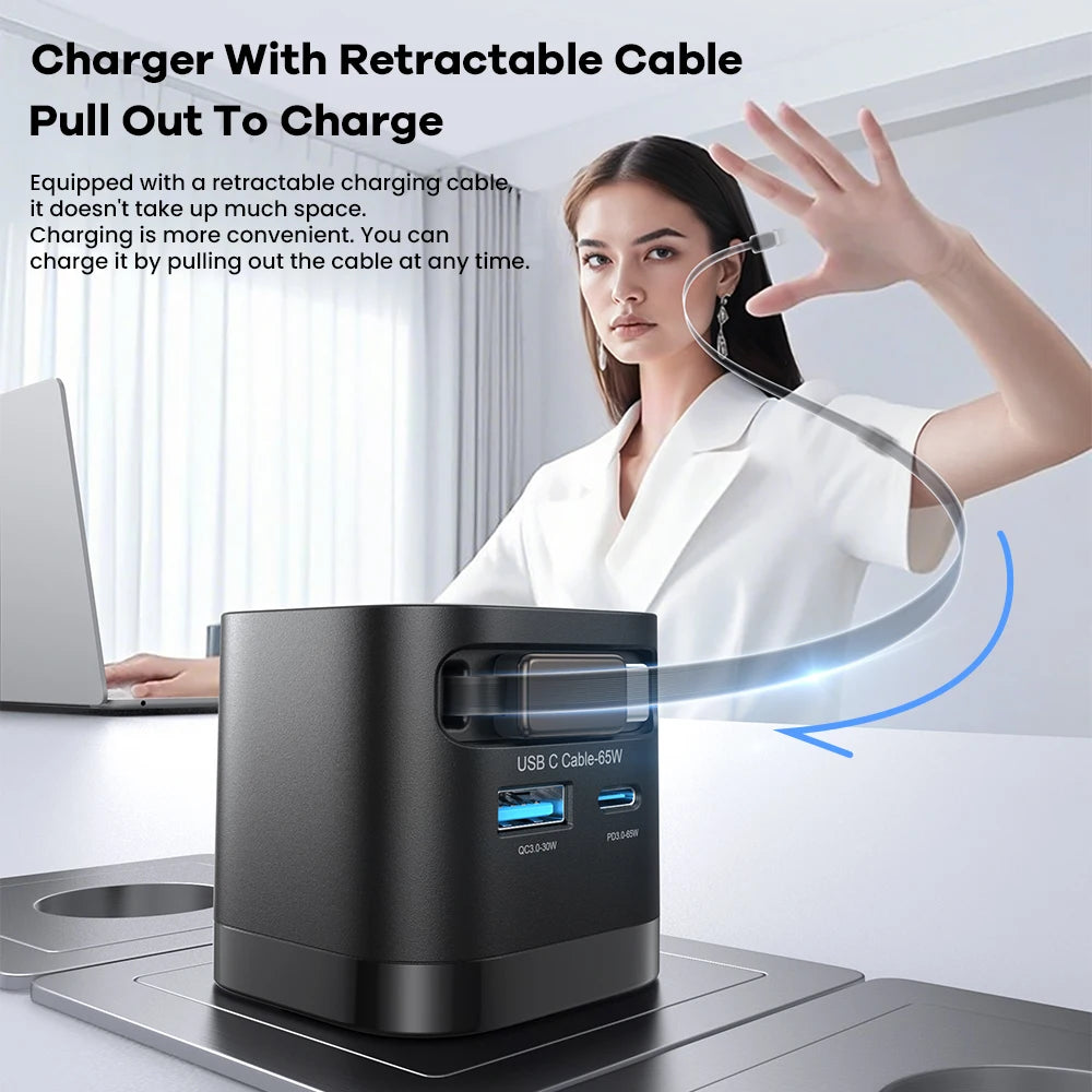 65W GaN USB Charger with Type C Retractable Cable 3 Port QC4.0 PD3.0 PPS Fast Charger for Macbook Laptop iPhone 16 15 14 Xiaomi