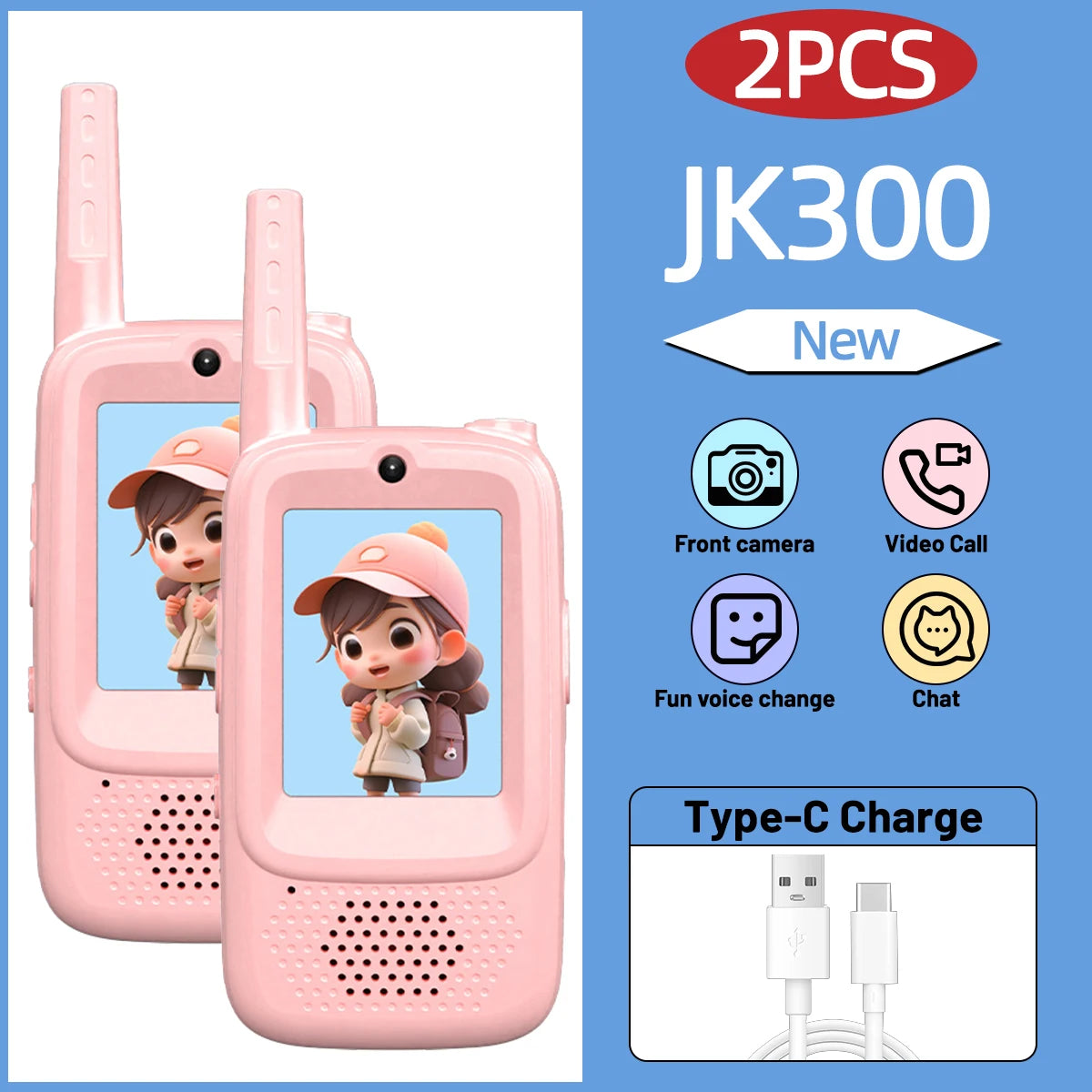 2PCS AIRITON JK300 Children's Video Walkie Talkies Selfie Send Voice Photo Emoticons  For Kids Gift Boys Girls JK200 New upgrade