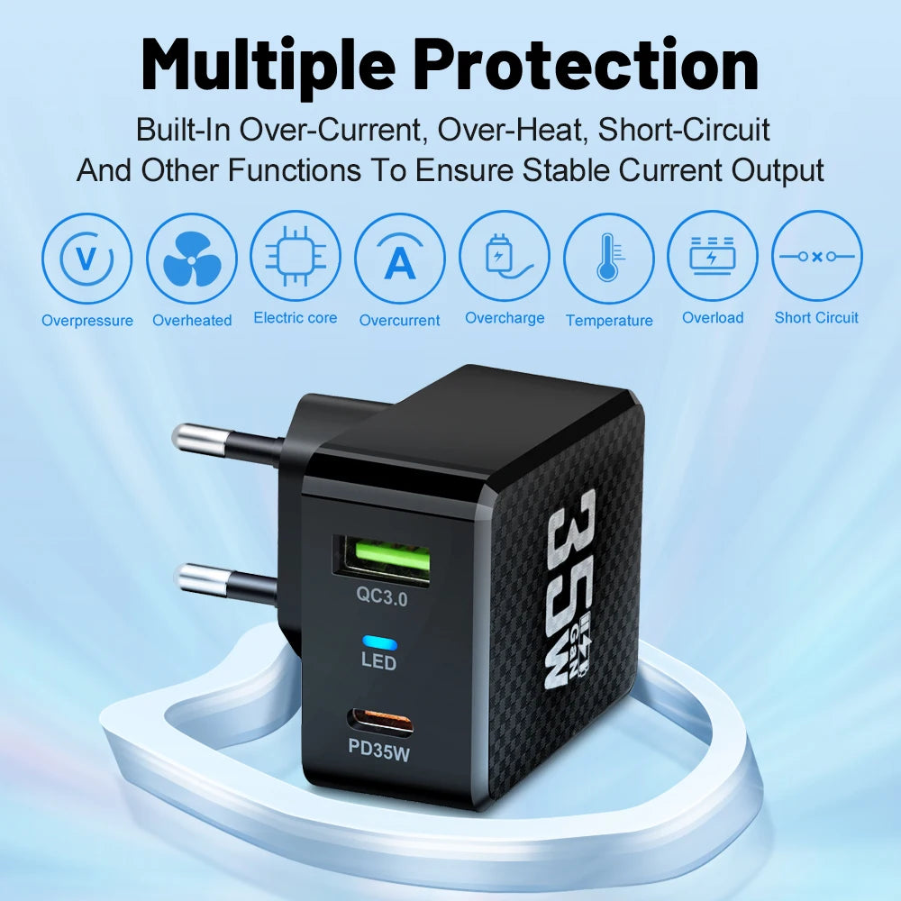 35W GaN USB Type C Charger Phone Fast Charging QC3.0 PD3.0 Charge Adaper For iPhone 15 Xiaomi Poco Laptop Charger EU/US/KR Plug
