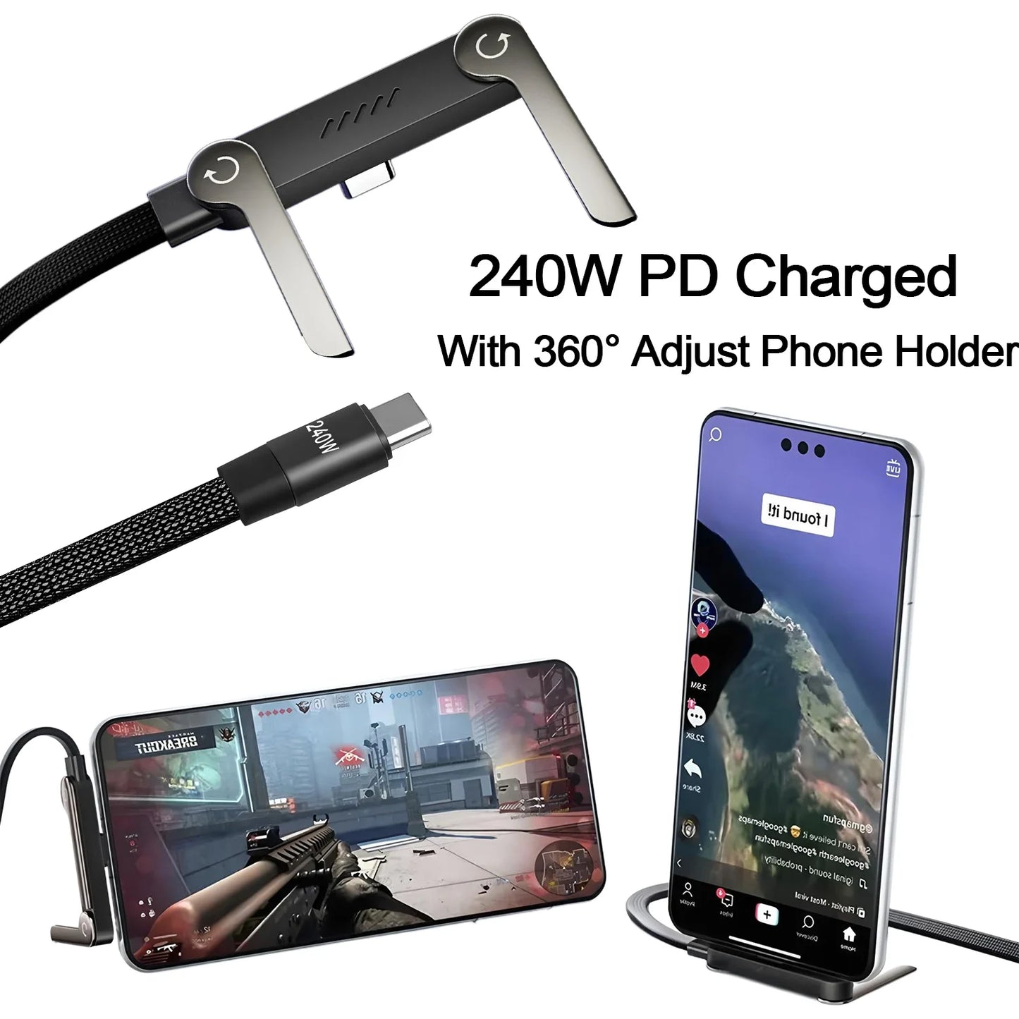 240W 2-in-1 Foldable Stand Braided Cable Type-C to USB-C Fast Charging for Phones/Laptops