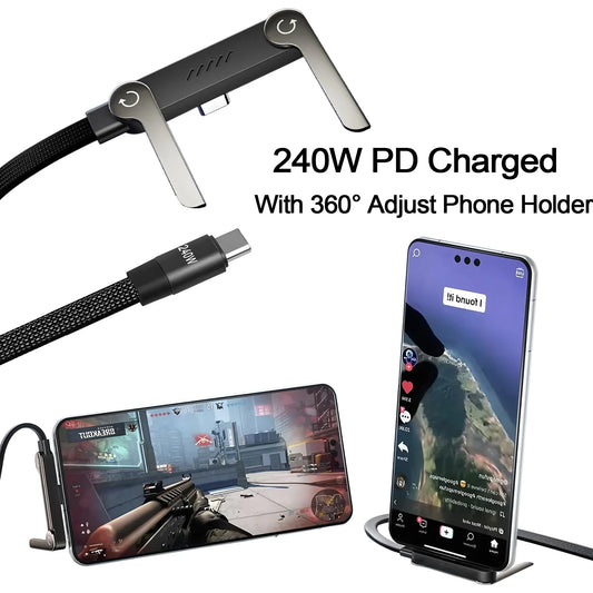 240W 2-in-1 Foldable Stand Braided Cable Type-C to USB-C Fast Charging for Phones/Laptops
