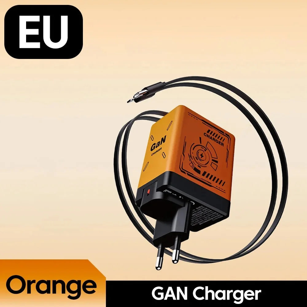120W GaN Fast Charger With Retractable Type-C Cable Portable PD Mobile Phone Adapter For iPhone 17 16 Pro Samsung Xiaomi Huawei