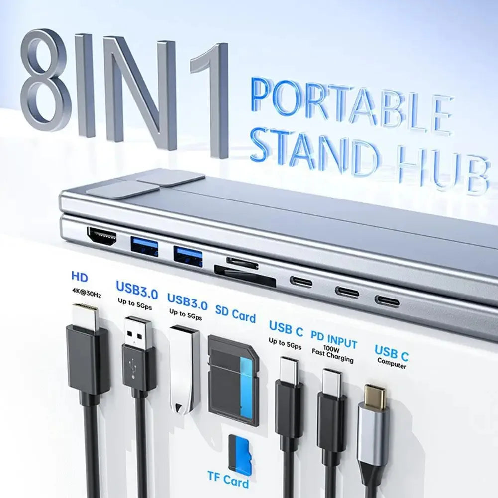 8-in-1 Bracket Docking Station Aluminium Alloy Laptop Holder Hub TYPE-C to HD-MI Adapter 4K PD100W USB3.0 5Gbps Hub USB Splitter