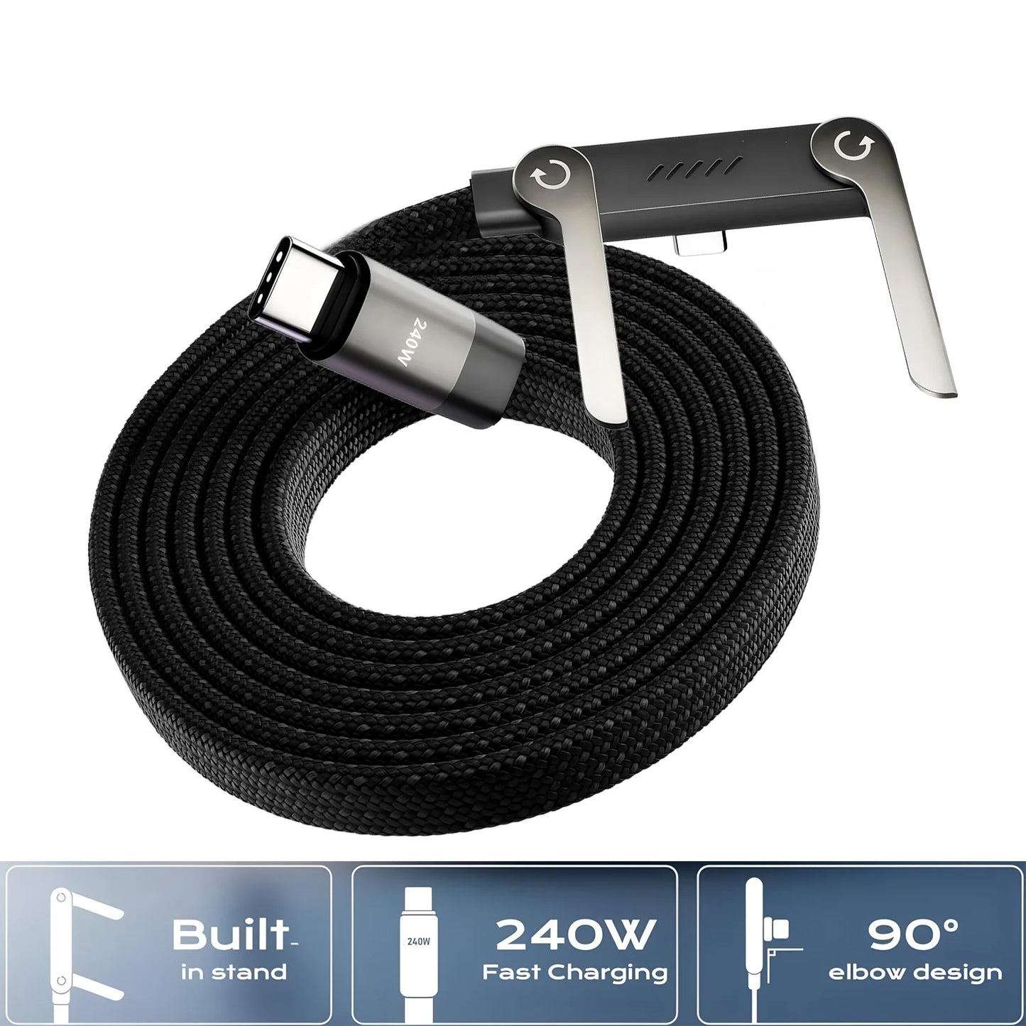 240W 2-in-1 Foldable Stand Braided Cable Type-C to USB-C Fast Charging for Phones/Laptops