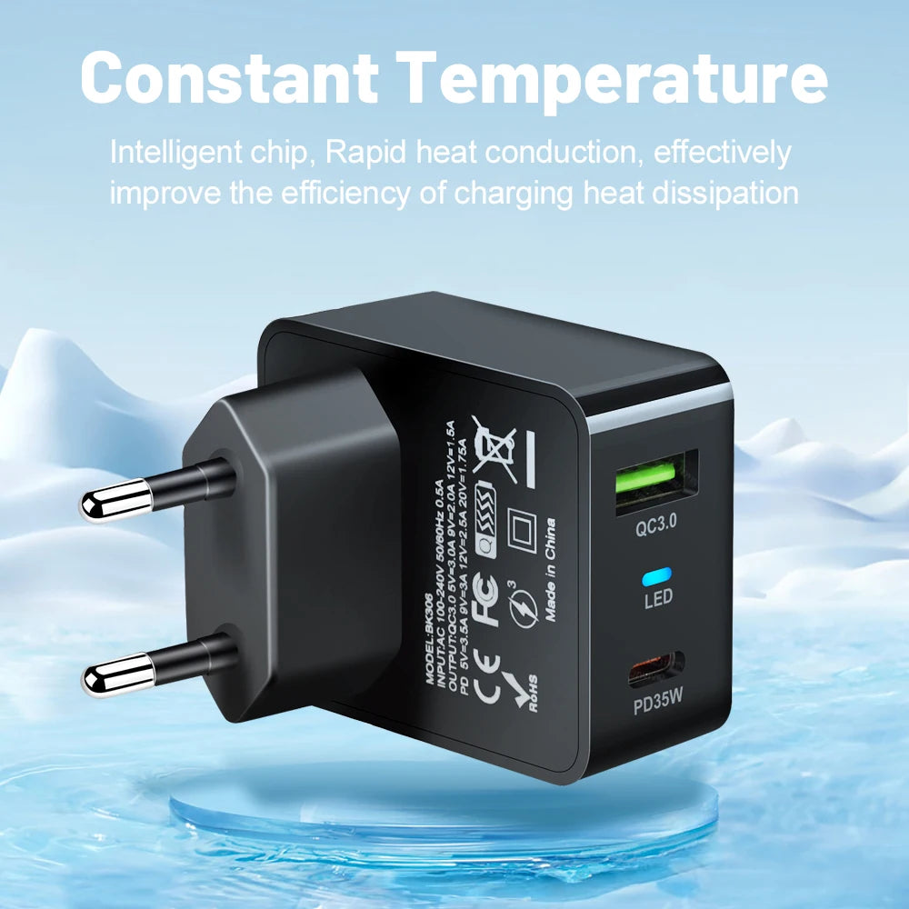 35W GaN USB Type C Charger Phone Fast Charging QC3.0 PD3.0 Charge Adaper For iPhone 15 Xiaomi Poco Laptop Charger EU/US/KR Plug