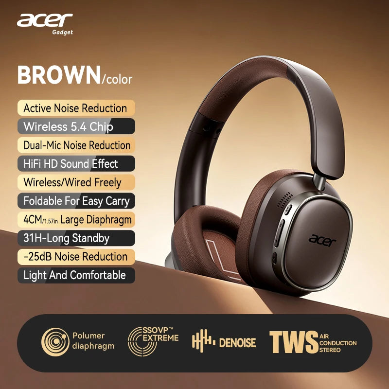 Acer Ohr633 2026 New Model Wireless Bluetooth Headphones Hifi Stereo Sound Quality Anc Call Noise Reduction Foldable Adjustable Design Built-In High-Definition Microphone Gaming Headphones