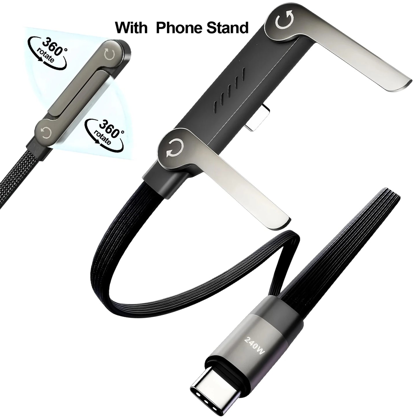 240W 2-in-1 Foldable Stand Braided Cable Type-C to USB-C Fast Charging for Phones/Laptops
