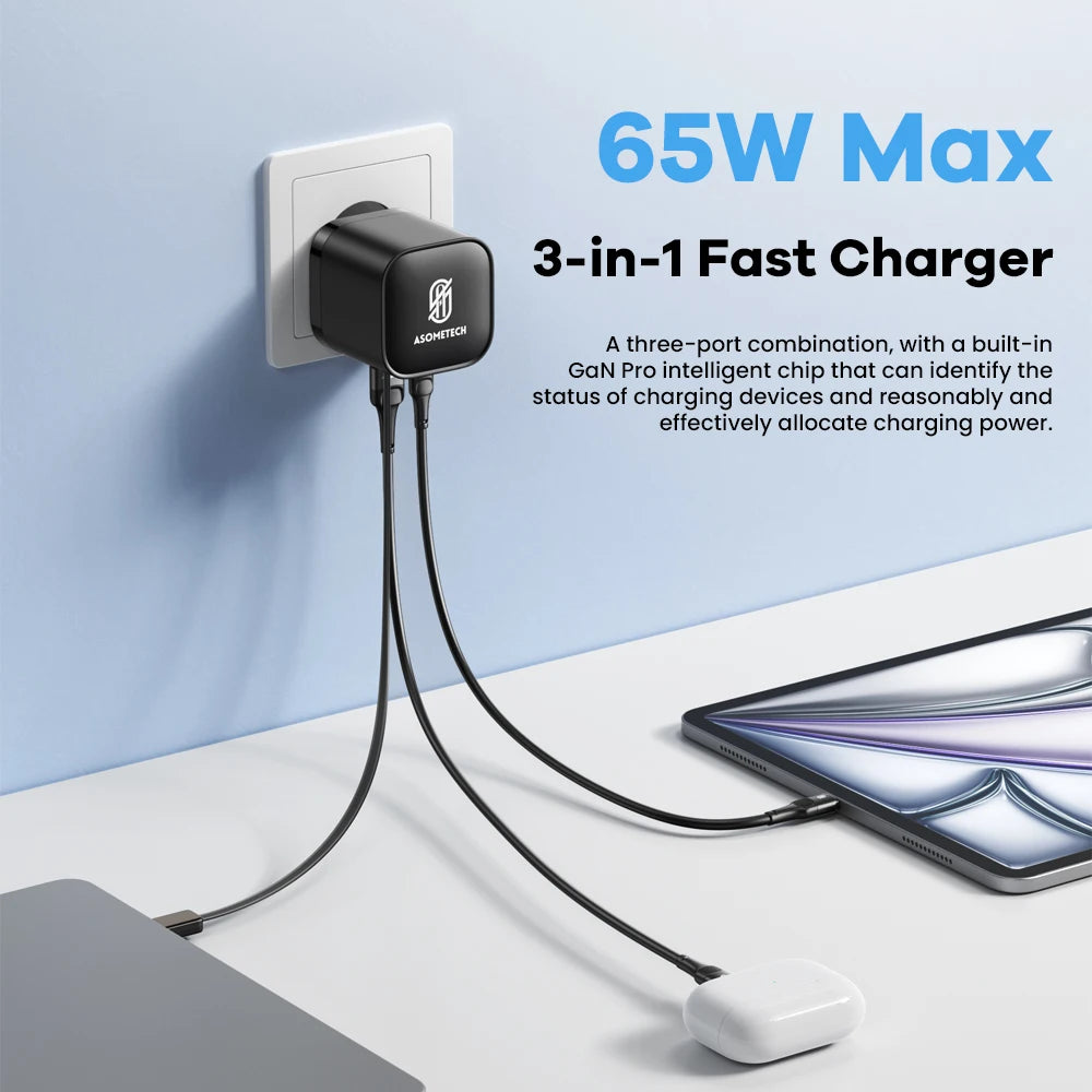 65W GaN USB Charger with Type C Retractable Cable 3 Port QC4.0 PD3.0 PPS Fast Charger for Macbook Laptop iPhone 16 15 14 Xiaomi