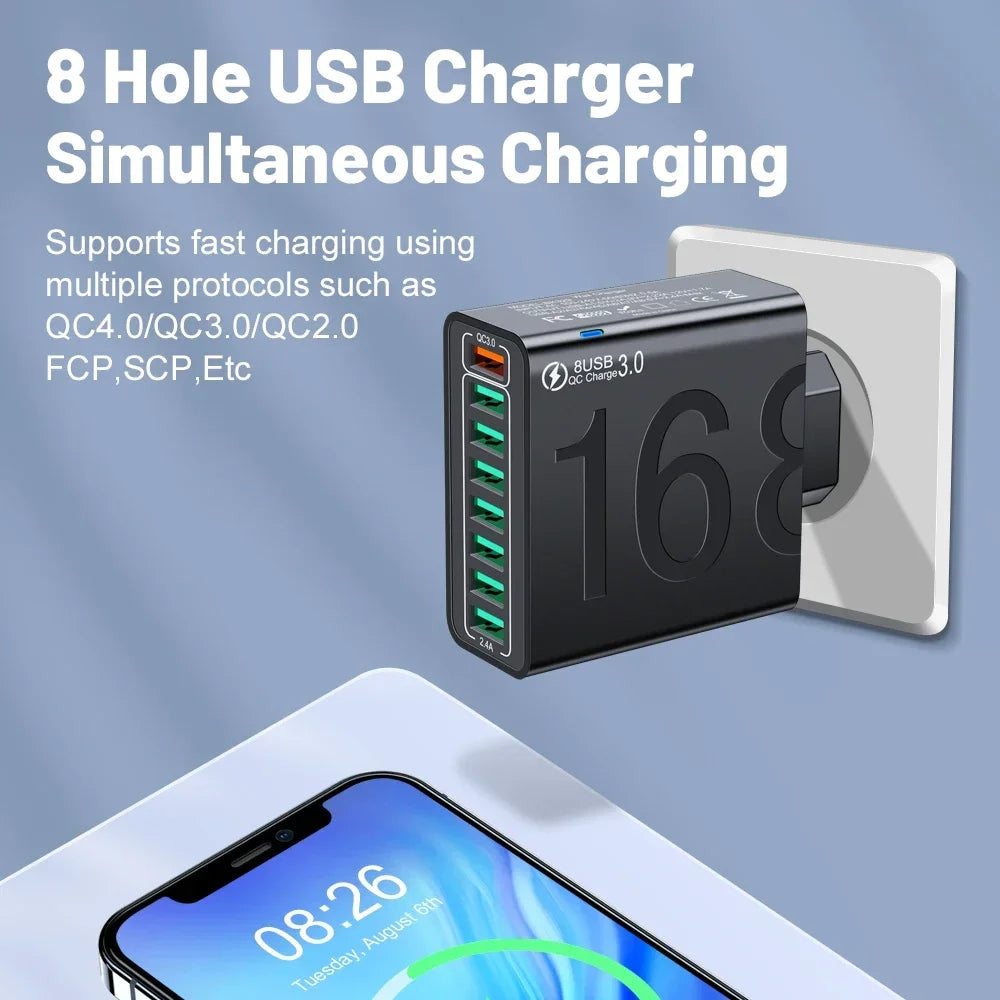 Total 150W 8 Ports USB Charger Fast Charging Phone Charger Adapter For iPhone Samsung Xiaomi 14 15 Quick Charge 3.0 Wall Charger