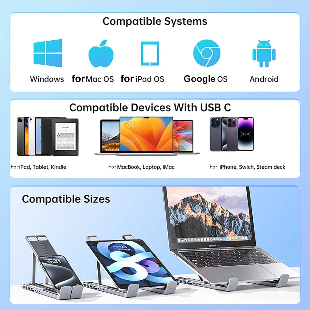 8-in-1 Bracket Docking Station Aluminium Alloy Laptop Holder Hub TYPE-C to HD-MI Adapter 4K PD100W USB3.0 5Gbps Hub USB Splitter