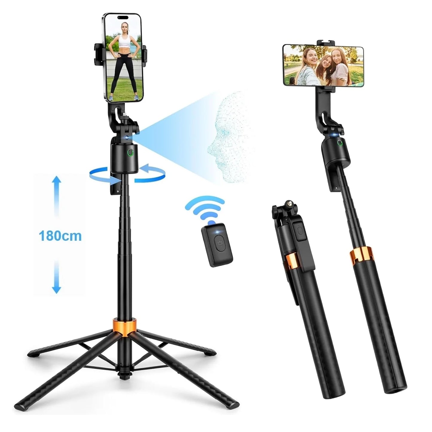 1.8m/71in AI Smart Gimbal Tripod Selfie Stick Foldable 360° Auto Follow-Up Face Tracking Gimbal Phone Holder For iPhone Android