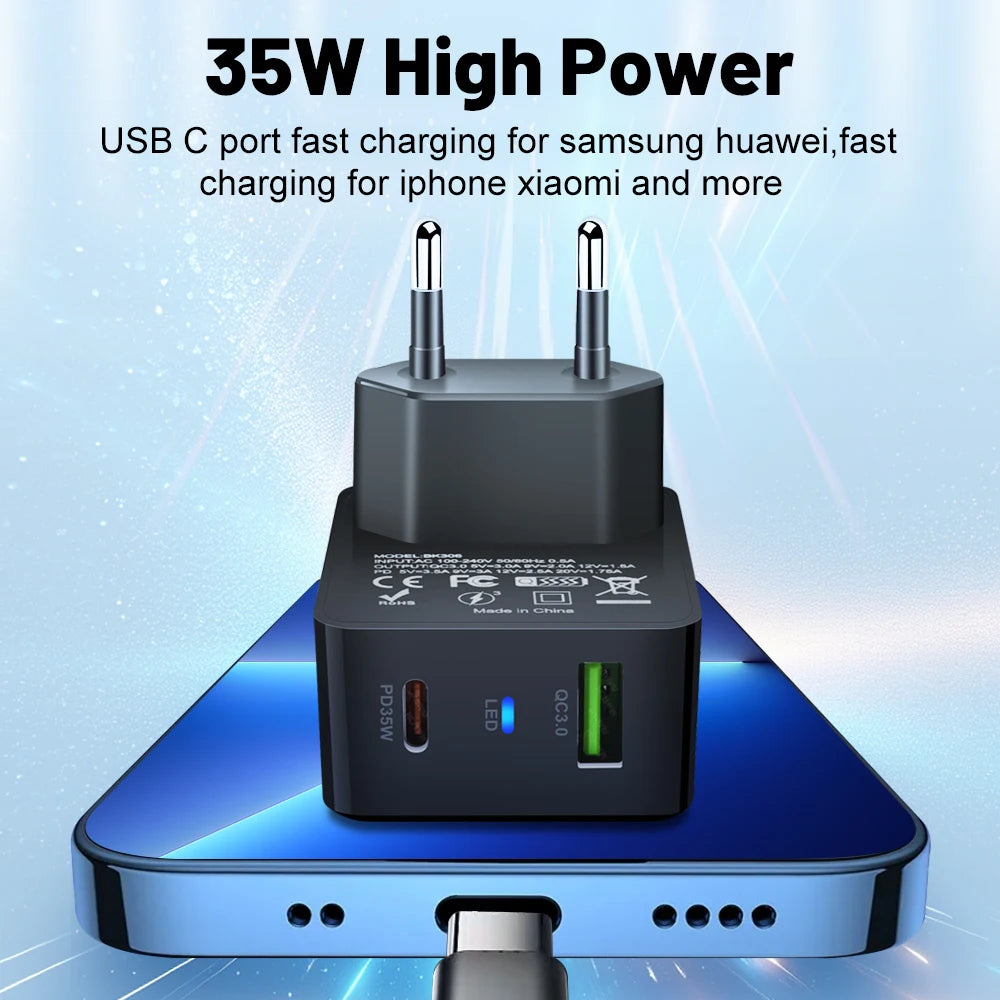 35W GaN USB Type C Charger Phone Fast Charging QC3.0 PD3.0 Charge Adaper For iPhone 15 Xiaomi Poco Laptop Charger EU/US/KR Plug