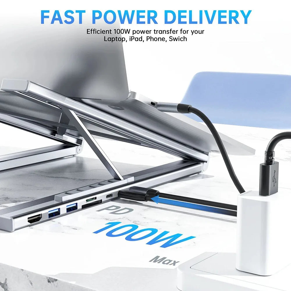 8-in-1 Bracket Docking Station Aluminium Alloy Laptop Holder Hub TYPE-C to HD-MI Adapter 4K PD100W USB3.0 5Gbps Hub USB Splitter