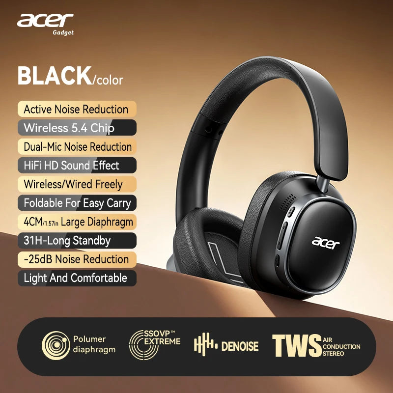 Acer Ohr633 2026 New Model Wireless Bluetooth Headphones Hifi Stereo Sound Quality Anc Call Noise Reduction Foldable Adjustable Design Built-In High-Definition Microphone Gaming Headphones