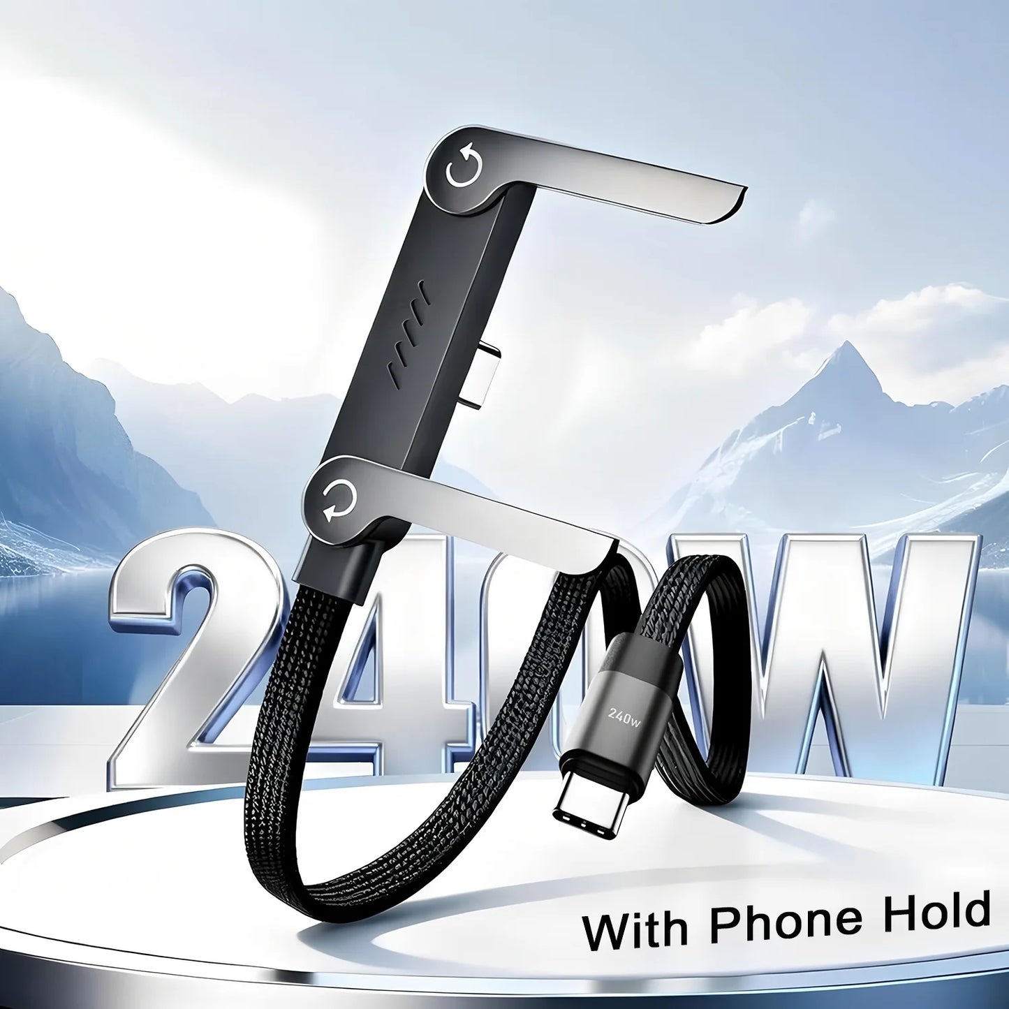 240W 2-in-1 Foldable Stand Braided Cable Type-C to USB-C Fast Charging for Phones/Laptops