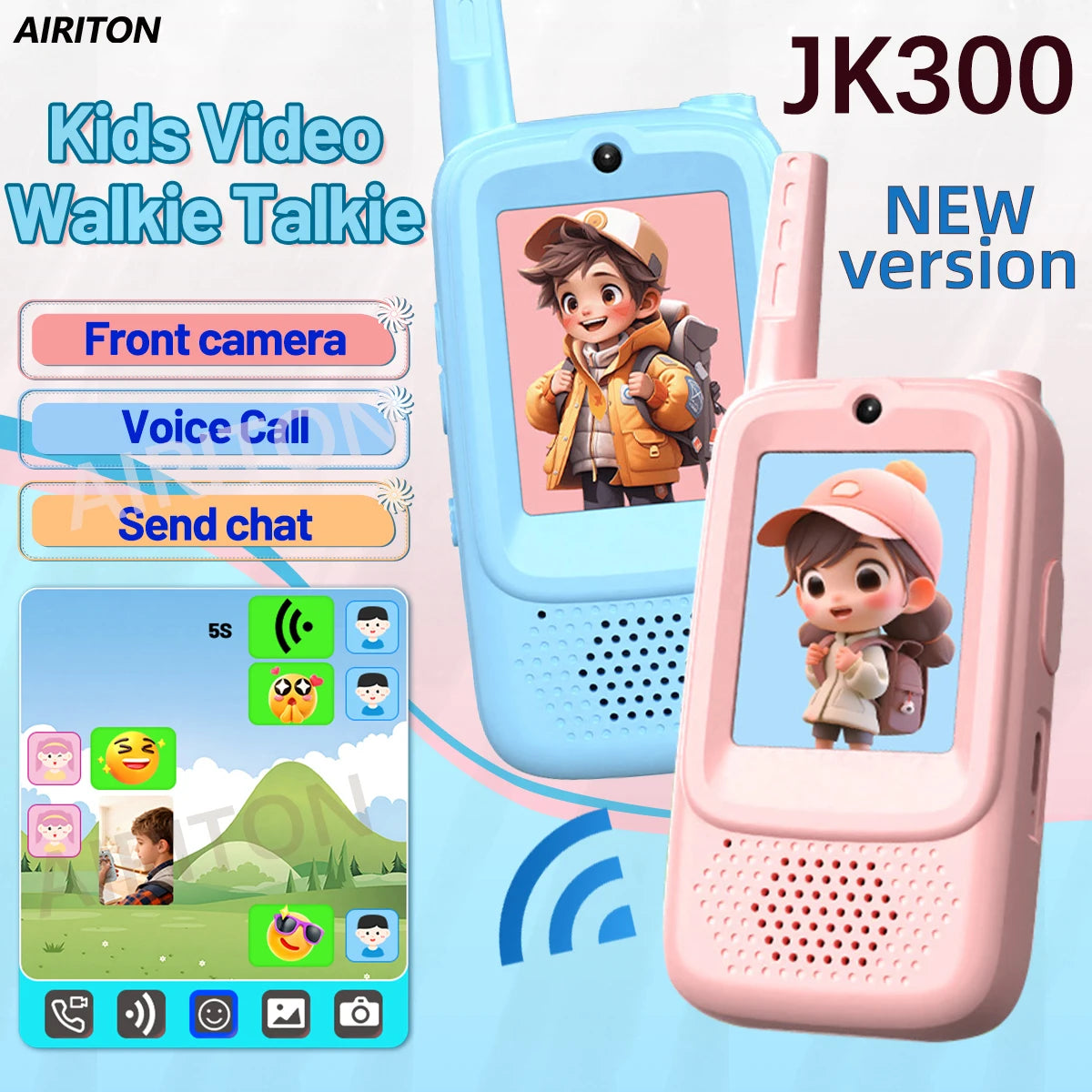 2PCS AIRITON JK300 Children's Video Walkie Talkies Selfie Send Voice Photo Emoticons  For Kids Gift Boys Girls JK200 New upgrade