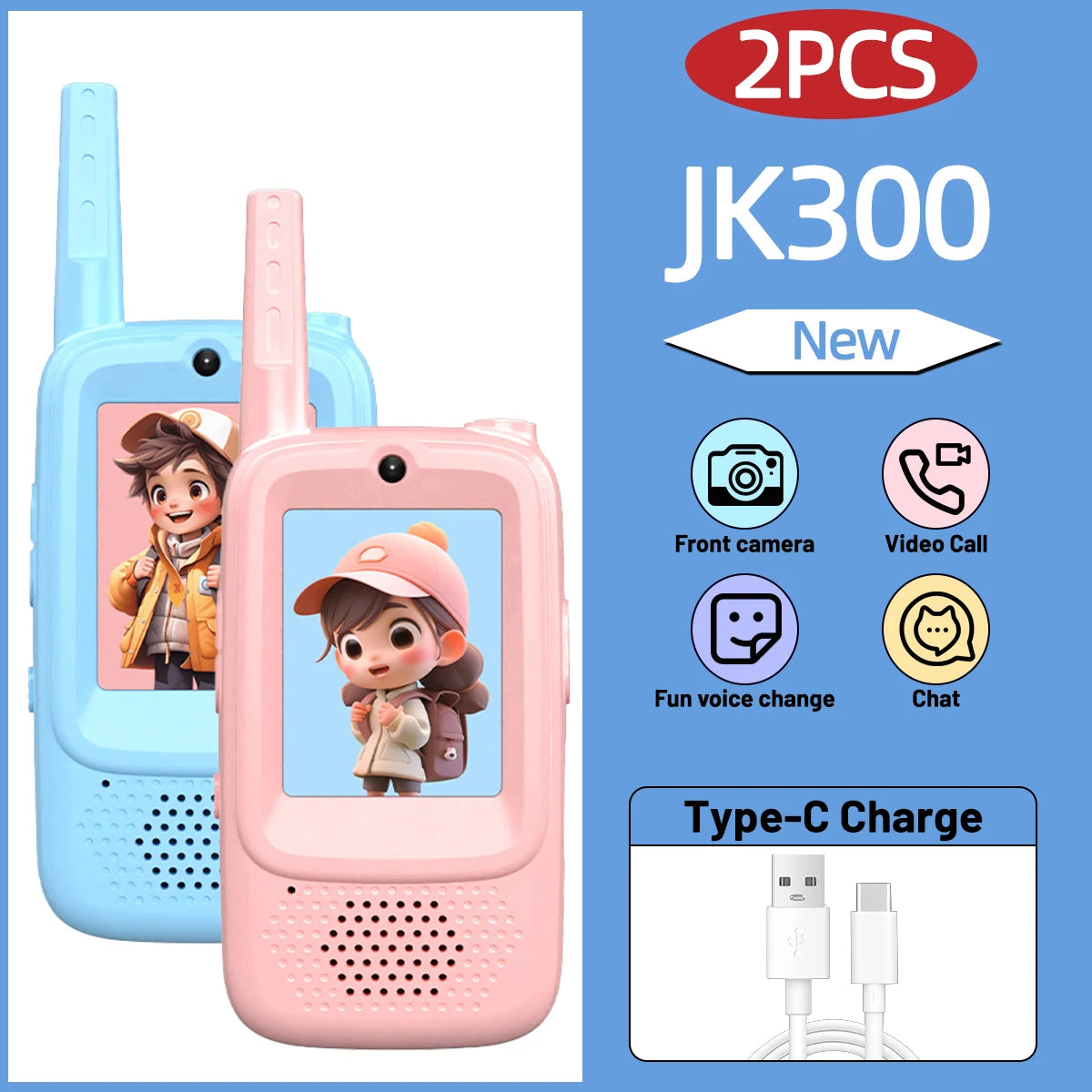 2PCS AIRITON JK300 Children's Video Walkie Talkies Selfie Send Voice Photo Emoticons  For Kids Gift Boys Girls JK200 New upgrade
