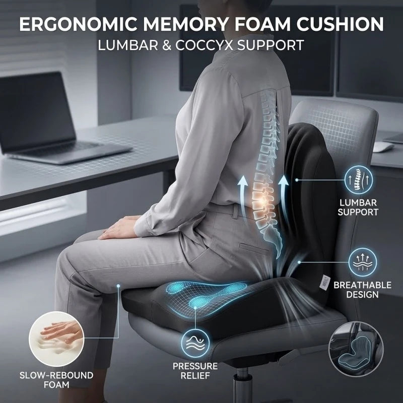 Ergonomic Memory Foam Seat Cushion With Lumbar Back Support For Stress Relief Office Chair Car Black