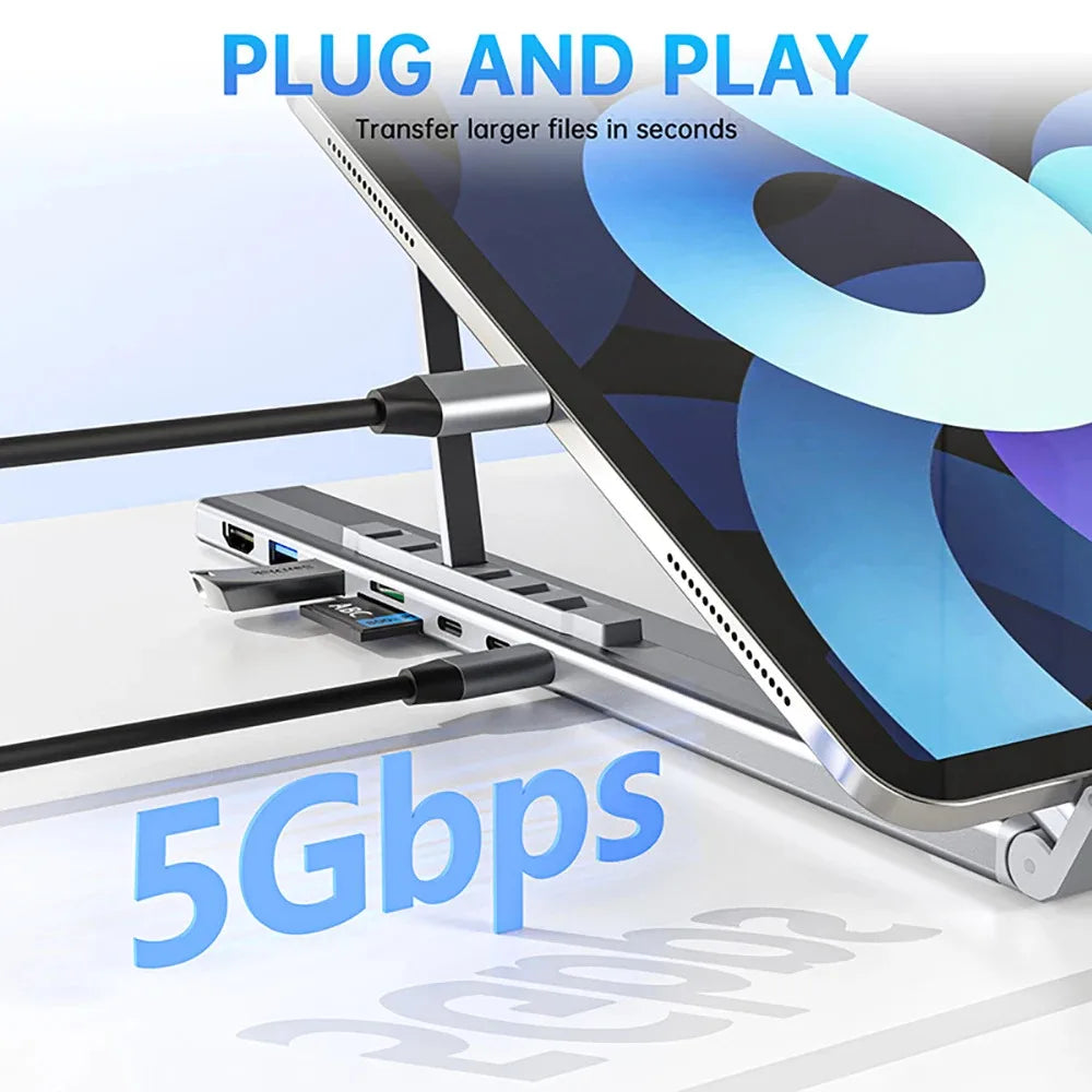 8-in-1 Bracket Docking Station Aluminium Alloy Laptop Holder Hub TYPE-C to HD-MI Adapter 4K PD100W USB3.0 5Gbps Hub USB Splitter