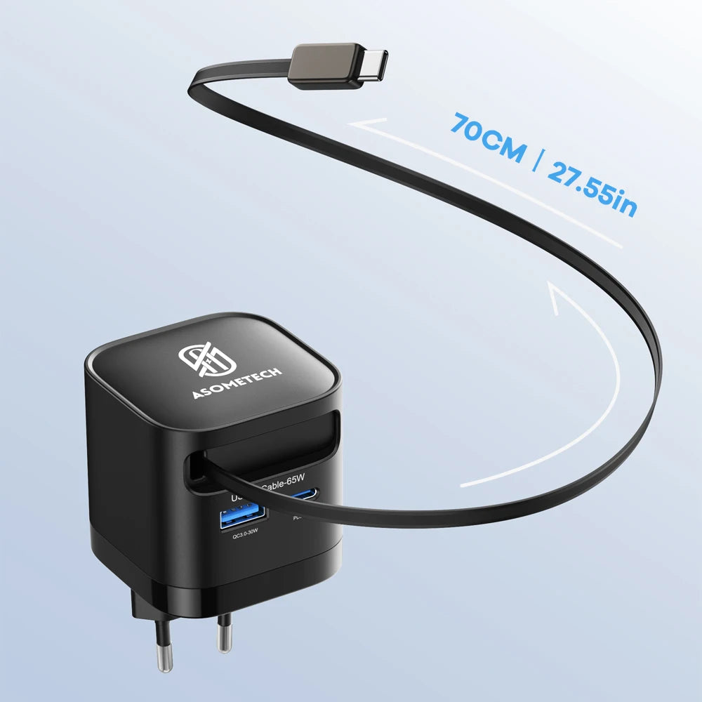 65W GaN USB Charger with Type C Retractable Cable 3 Port QC4.0 PD3.0 PPS Fast Charger for Macbook Laptop iPhone 16 15 14 Xiaomi