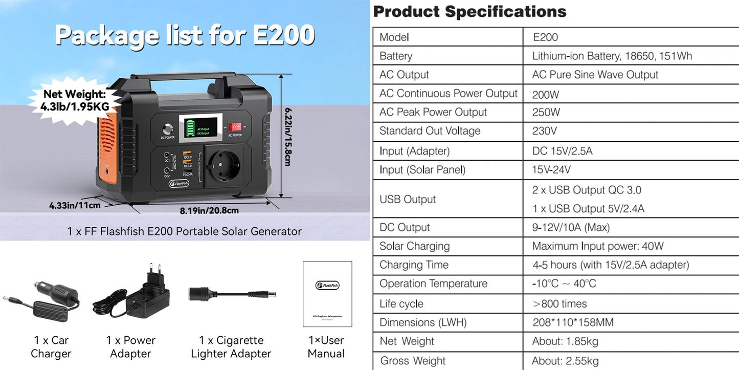 FF Flashfish Portable Power Station 200W 151Wh Solar Generator 40800mAh/3.7V EU Socket Emergency Energy Power Supply