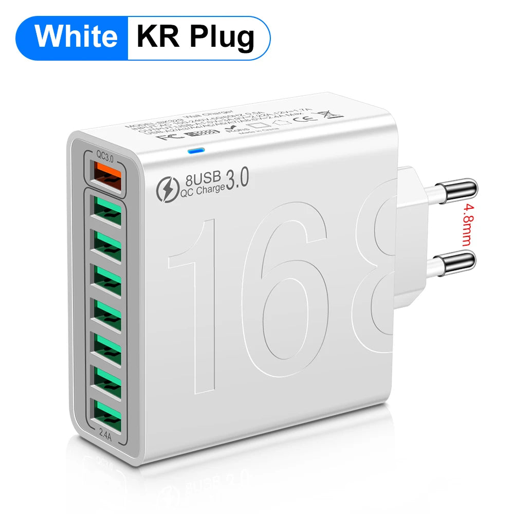 Total 150W 8 Ports USB Charger Fast Charging Phone Charger Adapter For iPhone Samsung Xiaomi 14 15 Quick Charge 3.0 Wall Charger