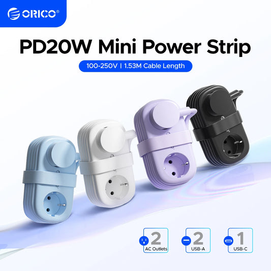 ORICO 20W EU Plug Electrical Power Strip with 2AC Outlets 2USB 1 Type-C Port 1.53M Extension Cable Smart Socket for Home/Travel