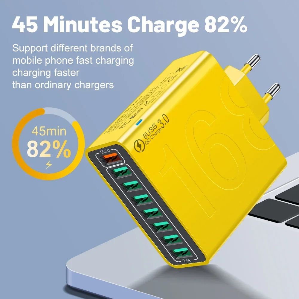 Total 150W 8 Ports USB Charger Fast Charging Phone Charger Adapter For iPhone Samsung Xiaomi 14 15 Quick Charge 3.0 Wall Charger