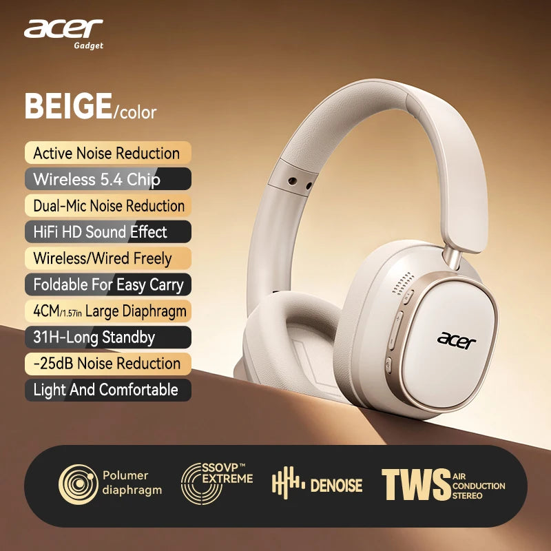 Acer Ohr633 2026 New Model Wireless Bluetooth Headphones Hifi Stereo Sound Quality Anc Call Noise Reduction Foldable Adjustable Design Built-In High-Definition Microphone Gaming Headphones