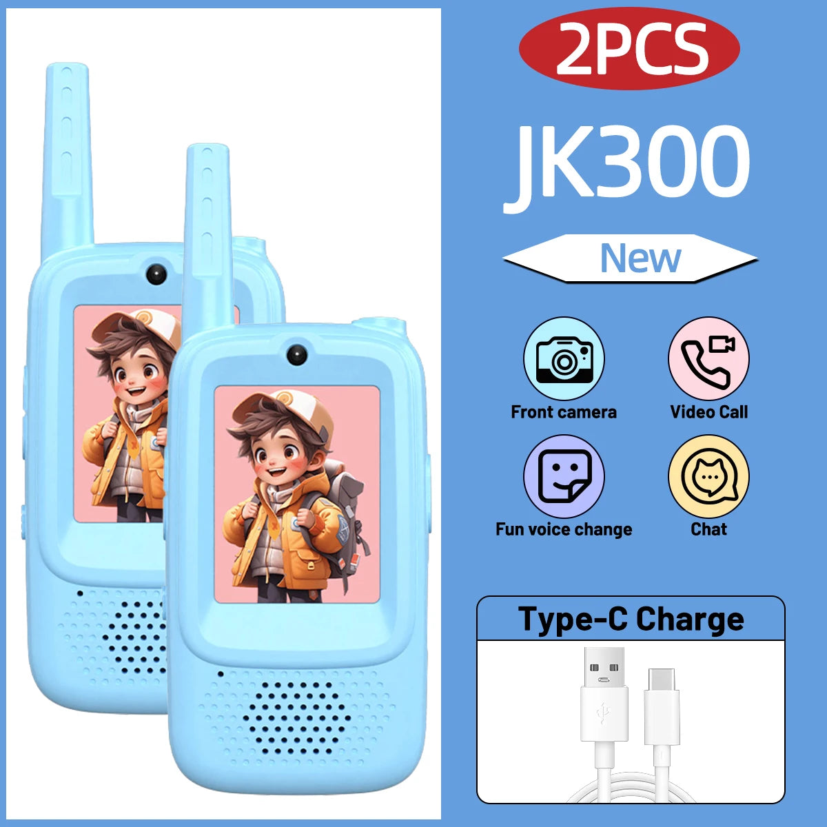 2PCS AIRITON JK300 Children's Video Walkie Talkies Selfie Send Voice Photo Emoticons  For Kids Gift Boys Girls JK200 New upgrade