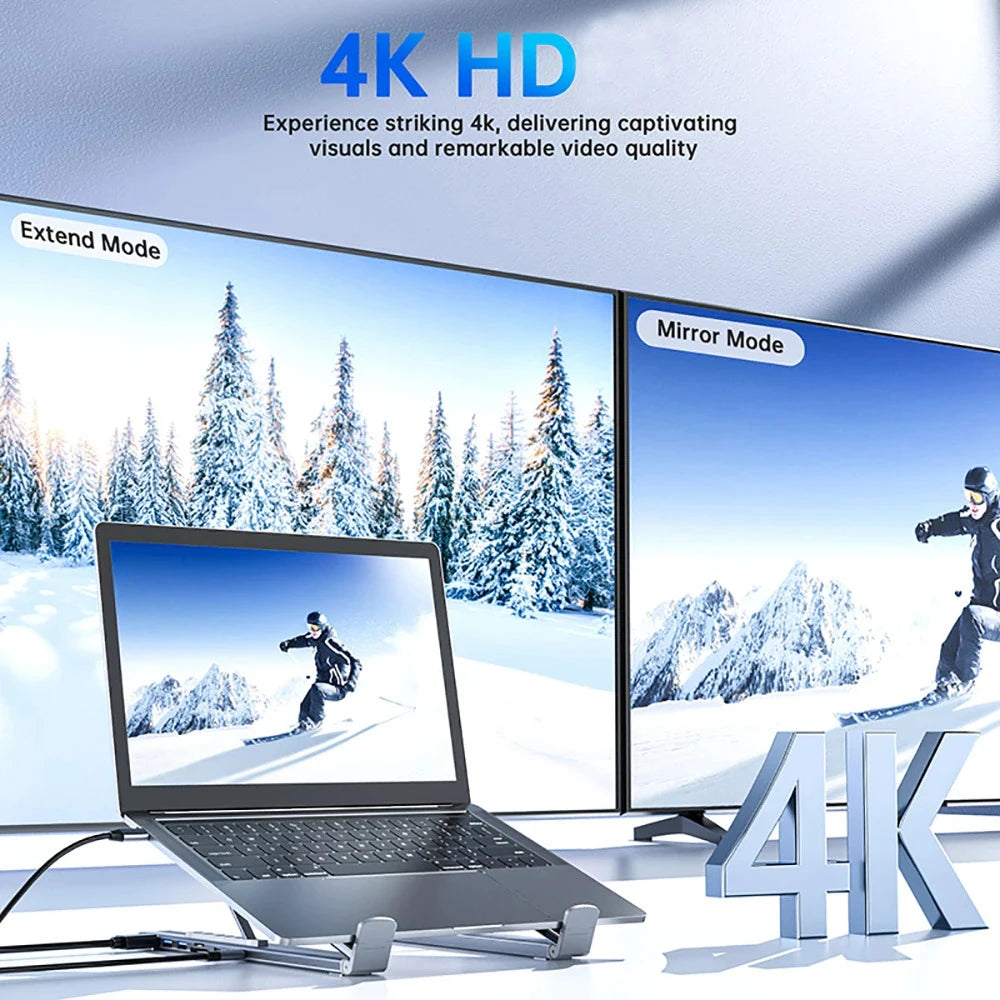 8-in-1 Bracket Docking Station Aluminium Alloy Laptop Holder Hub TYPE-C to HD-MI Adapter 4K PD100W USB3.0 5Gbps Hub USB Splitter