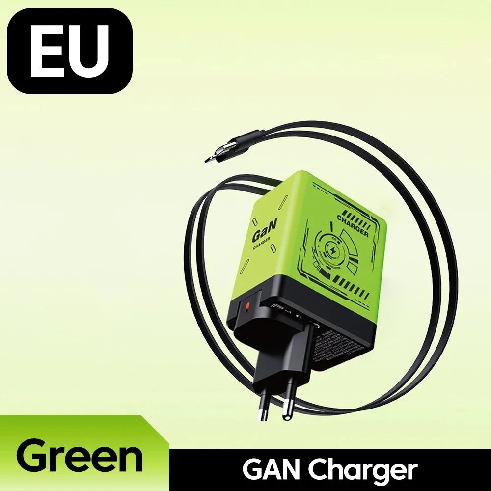 120W GaN Fast Charger With Retractable Type-C Cable Portable PD Mobile Phone Adapter For iPhone 17 16 Pro Samsung Xiaomi Huawei