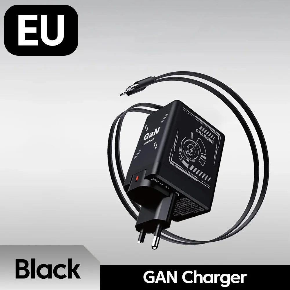 120W GaN Fast Charger With Retractable Type-C Cable Portable PD Mobile Phone Adapter For iPhone 17 16 Pro Samsung Xiaomi Huawei
