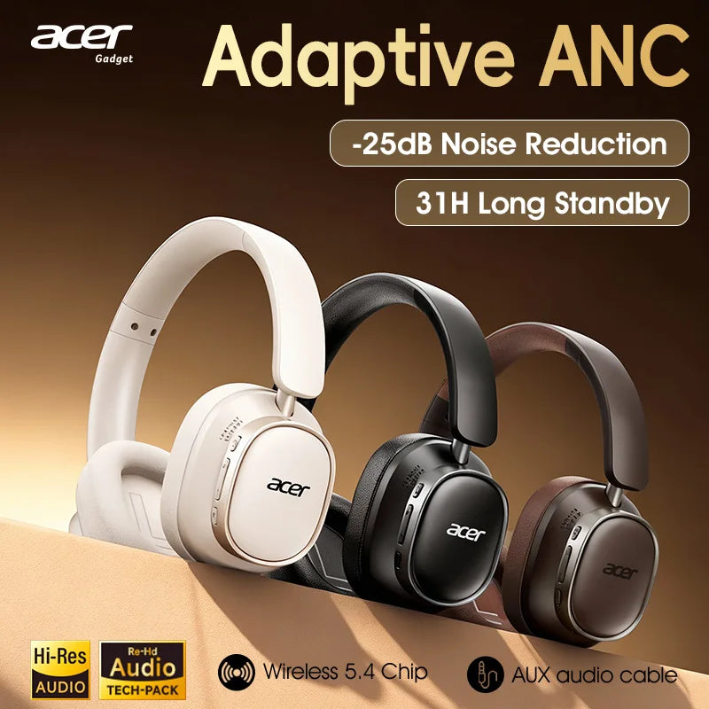 Acer Ohr633 2026 New Model Wireless Bluetooth Headphones Hifi Stereo Sound Quality Anc Call Noise Reduction Foldable Adjustable Design Built-In High-Definition Microphone Gaming Headphones