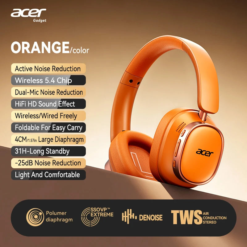 Acer Ohr633 2026 New Model Wireless Bluetooth Headphones Hifi Stereo Sound Quality Anc Call Noise Reduction Foldable Adjustable Design Built-In High-Definition Microphone Gaming Headphones